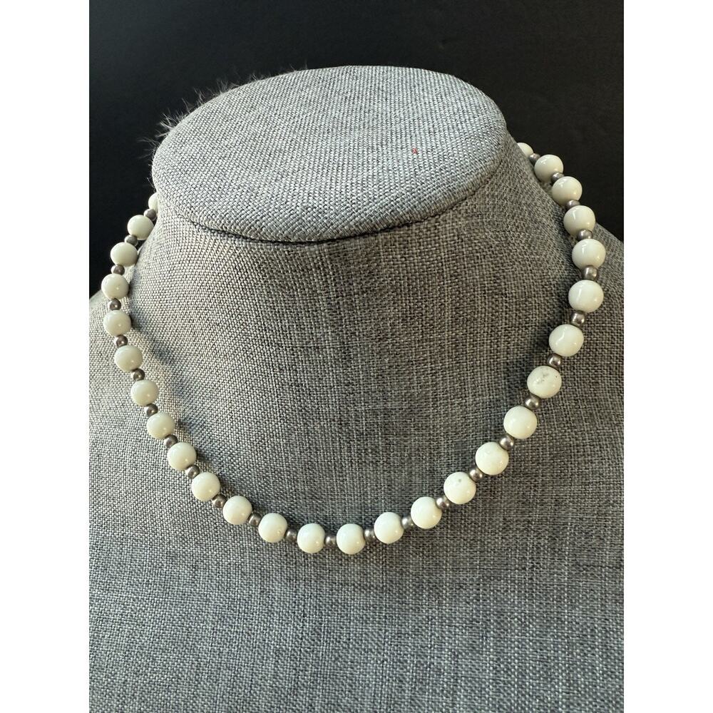 Vintage Glass Czech White Bead Necklace Silvertone Engraved Clasp Beaded Siigned